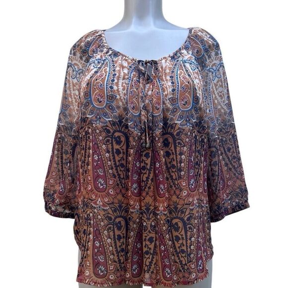 Sara Michelle Peasant Blouse Women's Petite L Neutral Paisley Keyhole 3/4 Sleeve - Picture 13 of 14